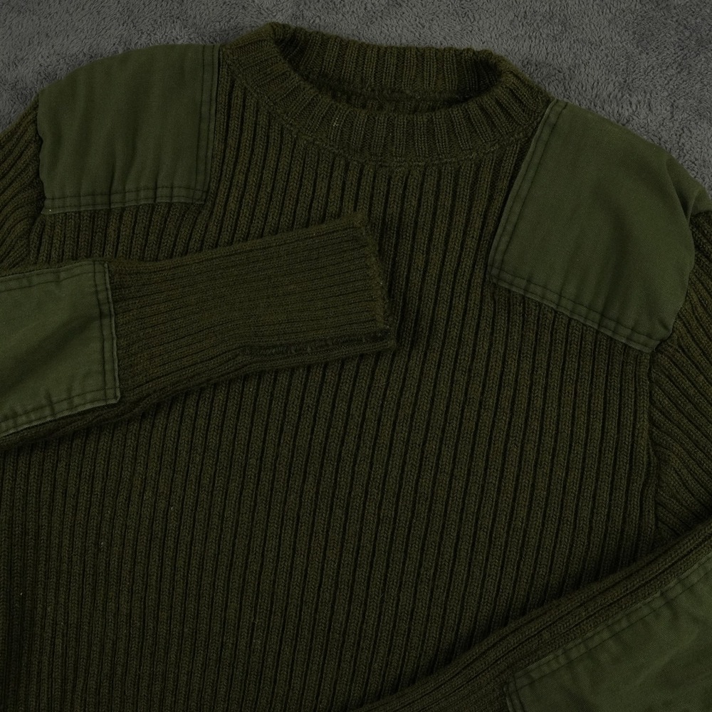 VTG Military Surplus Commando Sweater Mens‎ M Green Ribbed Wool Patch Pullover